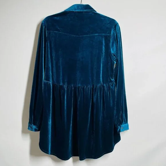 Y2K Inspired Umgee Teal Velvet Tiered Swing Babydoll Tunic Top Size L - Picture 2 of 8